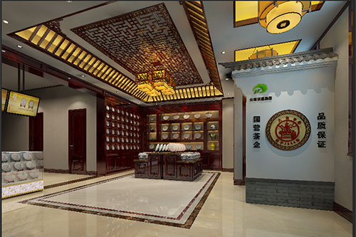 西工古朴典雅的中式茶叶店大堂设计效果图